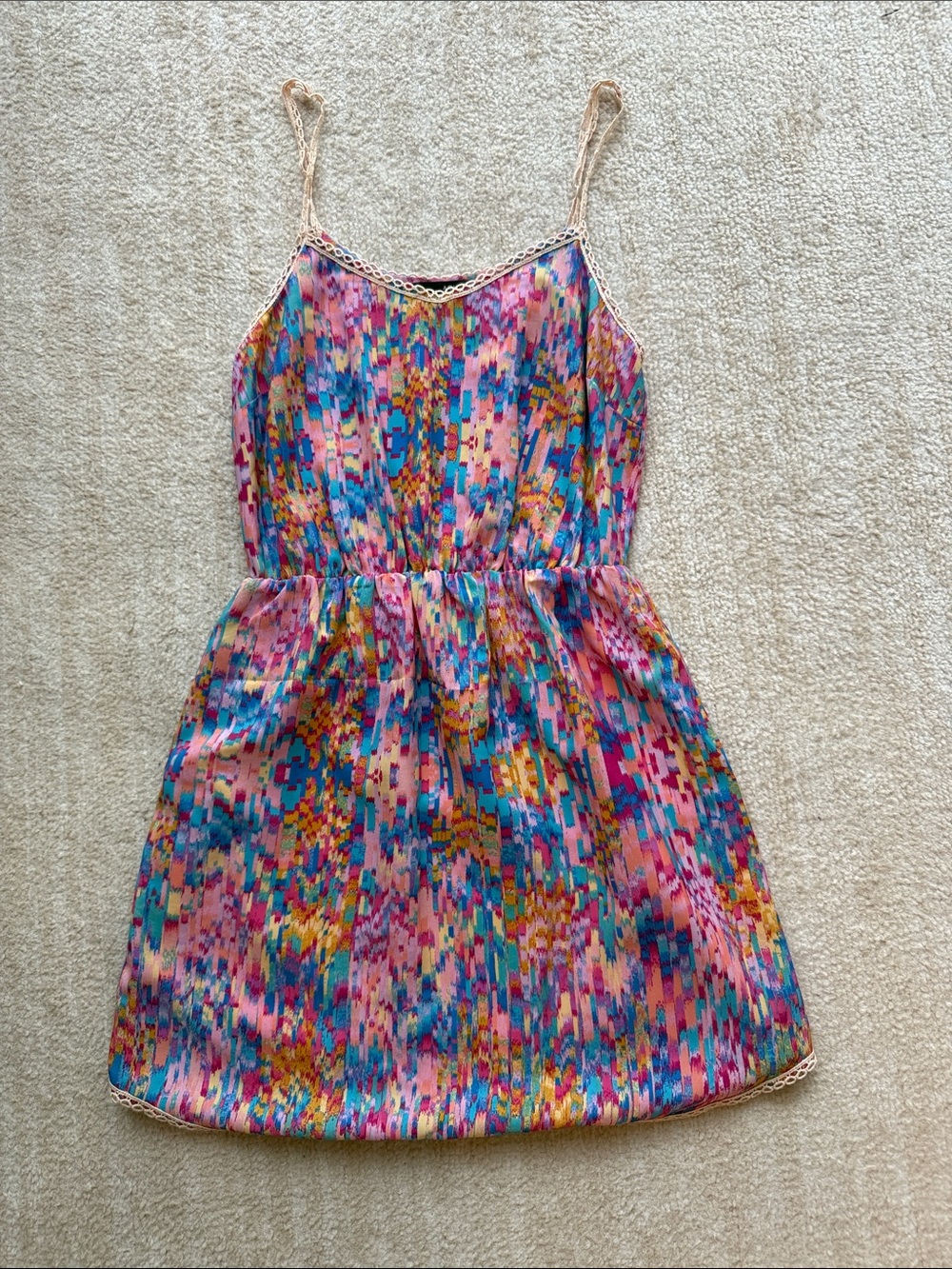 Aqua Multicolor Printed Sundress with Crochet Trim